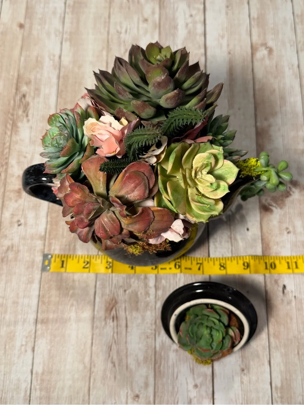 Black Ceramic Teapot Planter with Pink-Green Faux Succulent Arrangement